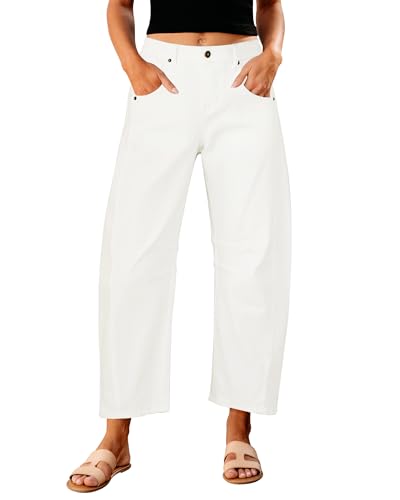 GRAPENT Womens Wide Leg Jeans Woman Jeans Baggy Pants for Women Stretch High Waist Women's Clothing Barrel Denim Jean Trousers for Women Color Cream White Large Size 12 Size 14