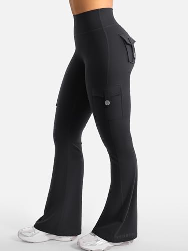 YEOREO CoreFlex Women Workout Flare Leggings with Pockets Hidden Scrunch High Waisted Cargo Gym Yoga Leggings Black M