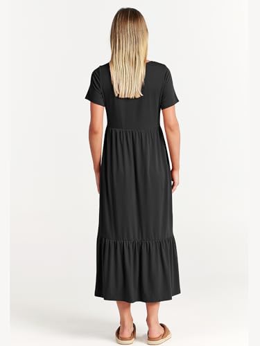 ANRABESS Womens 2026 Summer Casual Maxi Dress A line Tiered Flowy Short Sleeve Crewneck T Shirt Beach Travel Long Dresses Black X-Large