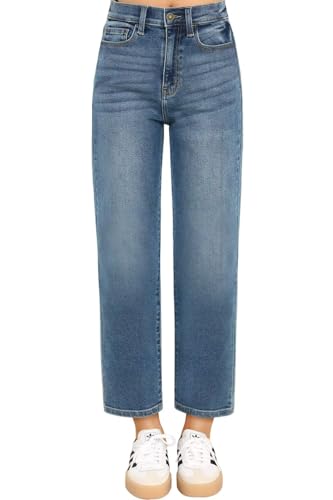 KDF Cropped Straight Leg Jeans for Women - High Waisted Jeans for Women 7/8 Length Medium Blue Jeans Denim Pants Size 8