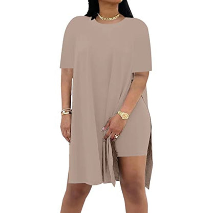 AXOSY Women Plus Size 2 Piece Outfits Short Sleeve Tunic Tops and Skinny Biker Shorts Sets Tracksuits Brown,3X-Large