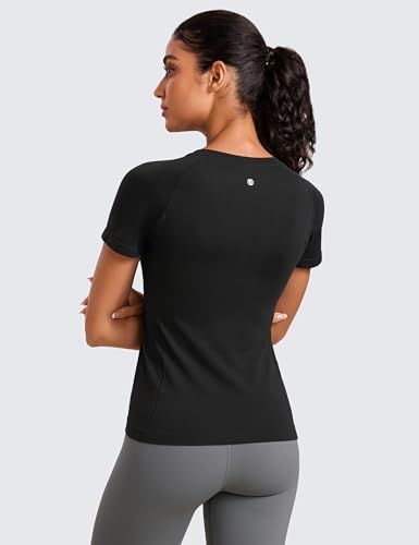 CRZ YOGA Seamless Workout Tops for Women Hip Length - Athletic Running Gym Yoga Short Sleeve Shirts Breathable Crewneck Tees Black Small