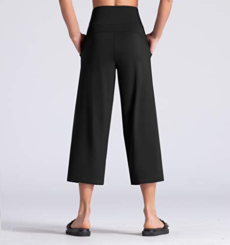 THE GYM PEOPLE Bootleg Yoga Capris Pants for Women Tummy Control High Waist Workout Flare Crop Pants with Pockets (Large, Black)