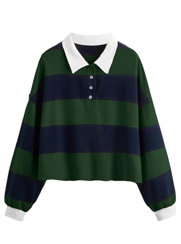 Natalie Winters Dress - Remidoo Women's Collared Half Button Long Sleeve Striped Crop Top Sweatshirt Green Navy