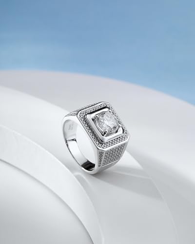 Men Moissanite Ring 5 Carats Solitaire Diamond Wedding Sterling Silver with 18K White Gold Plated D Color VVS1 Clarity Brilliant Round Cut Moissanite Engagement Anniversary Jewelry for Men Size 11.5