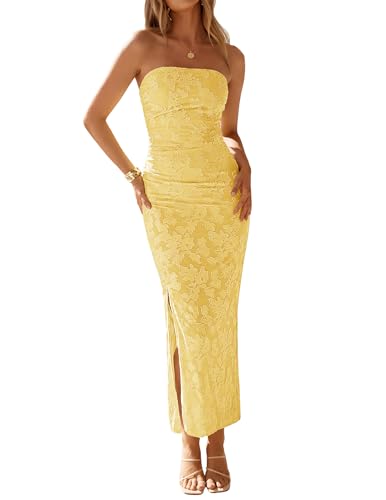 ZESICA Women's 2026 Summer Floral Strapless Maxi Sun Dress Bodycon Beach Vacation Wedding Guest Formal Cocktail Party Dresses, Yellow, S