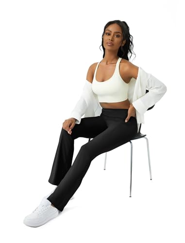 COPYLEAF Womens Yoga Pants with Pockets High Waisted Flare Leggings Bell Bottom Yoga Dress Pants Seamless Bootcut Pants(Black L)