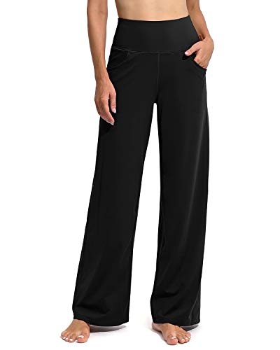 Promover Petite Wide Leg Black Pants for Women Stretchy Yoga Pants with Pockets High Waist Dress Work Pants(Black,M,29")