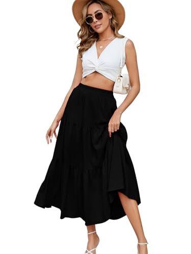 HUSKARY Skirts for Women Trendy Summer Casual High Waisted Flowy Maxi Skirt Spring Loose Tiered Layered Beach Skirt,Black,Large