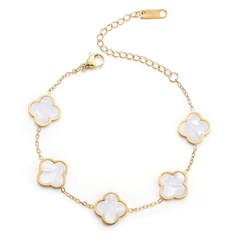 AIPPK 18K Gold Plated Clover Lucky Bracelet Dupes for Women White Flower Four Leaf Bracelets Trendy Jewelry Gifts for Women