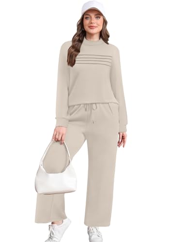 WIHOLL Lounge Sets for Women 2 Piece Spring Outfits 2026 Business Casual Outfits Travel Vacation Summer Fall Winter 2025 Wide Leg Crop Pants Mock Neck Valentines Day Khaki XL