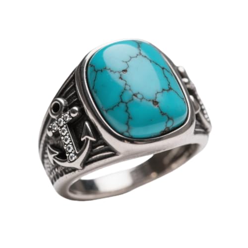 Anchor Sailor Genuine Turquoise Personalized Name Ring for Men,925 Sterling Silver Vintage Real Gemstone Pinky Thumb Western Nautical Band Ring for Dad Father Husband Anchor Sailor Lover, Size 13