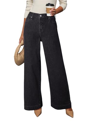 Dokotoo Womens Casual High Waisted Jeans for Women Straight Wide Leg Loose Stretch Denim Pants Black Size 6