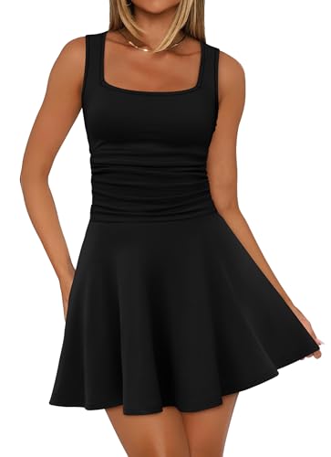 OFEEFAN Dresses for Women Summer Casual Black Dresses for Women Sleeveless Square Neck Fit and Flare Mini Dress M