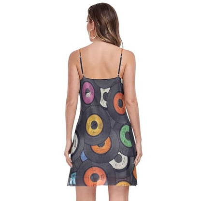 Women's Vinyl Records Print Summer Dress - Sleeveless Halter Sundress with Pockets