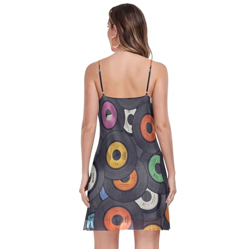 Women's Vinyl Records Print Summer Dress - Sleeveless Halter Sundress with Pockets