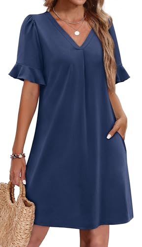 OFEEFAN Navy Blue Dresses for Women Summer V Neck Business Dresses for Women Ruffle Shift Dress with Pockets L