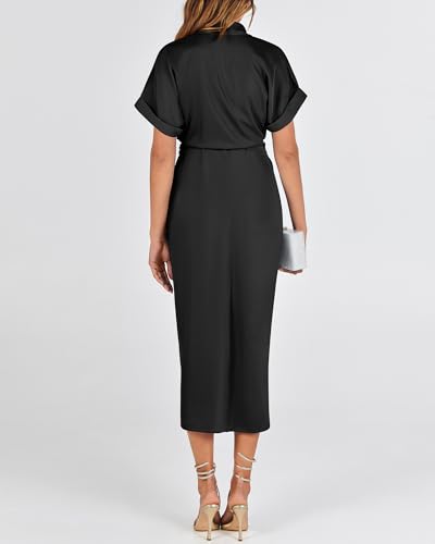 BTFBM Dresses for Women Summer Button Short Sleeve Silk Satin Ruched Spring Maxi Dress 2026 Cocktail Party Wedding(Black, Large)