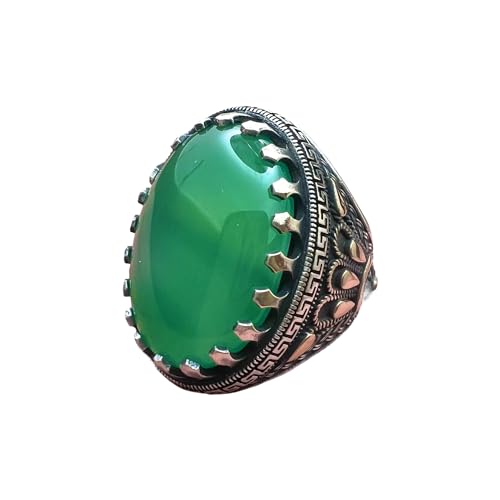 Big Stone,Yemen's Verdant Beauty Large Green Agate Ring in 925 Sterling Silver,Authentic Yemeni Agate Stone in 925 Silver - Statement Piece عقیق یمانی (11.5)