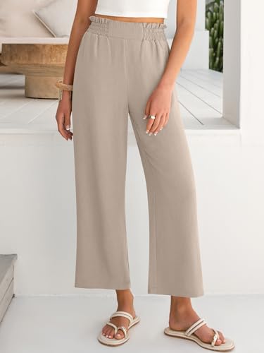 ANRABESS Womens Wide Leg Palazzo Pants Summer Beach High Waisted Cropped Flowy Pants 2026 Dressy Casual Trousers with Pockets Parchment Medium