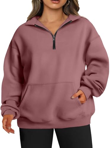 TAKEYAL Womens Quarter Zip Plus Size Sweatshirt Pockets Oversized Drop Shoulder Crewneck 2025 Fall Spring Clothes (Dark Pink, 3XL)