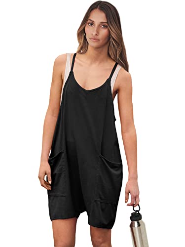 ANRABESS Womens Rompers Summer Casual Loose Sleeveless Overalls Spaghetti Strap Shorts Jumpsuit 2026 Beach Vacation Clothes Black Medium