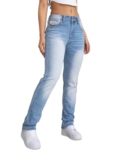 Flamingals Bootcut Jeans for Women Stretchy Mid Rise Double Button Wash Solid 90s Straight Leg Jeans Light Blue M