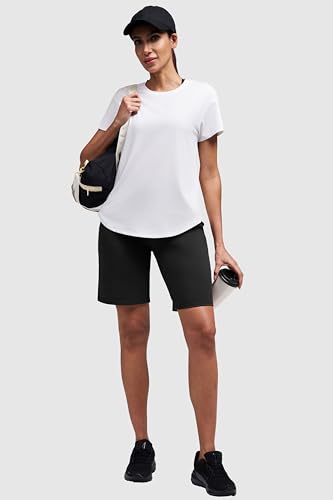 Alaroo Bermuda Athletic Workout Running Long Shorts for Women High Waisted Biker Yoga Hiking Outdoors Gym Track Sports Recreation Clothes Black L