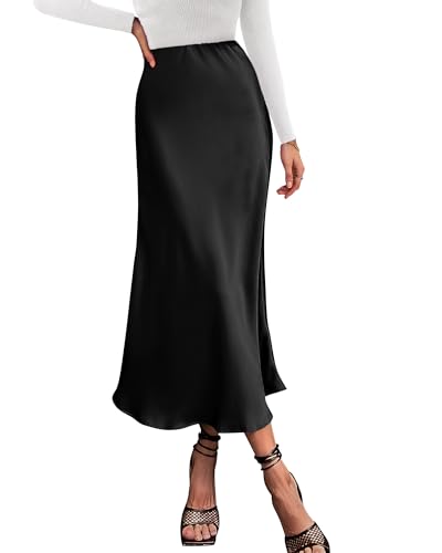 BTFBM 2026 Womens Spring Summer Long Satin Skirt Silk Elegant High Waist Cocktail Party Wedding Flowy A-Line Midi Skirts(Black, Medium)