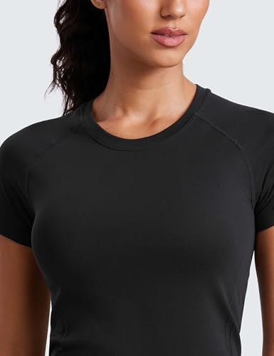 CRZ YOGA Seamless Workout Tops for Women Hip Length - Athletic Running Gym Yoga Short Sleeve Shirts Breathable Crewneck Tees Black Small