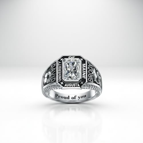 MEIDERBO Personalized Class Ring High School College Custom Birthstone Ring 925 Sterling Silver Engraved 2025 Graduation Jewelry Gift for Men Size 4-15(Style8)