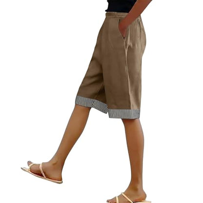 Women Cotton Linen Knee Length Capri Pants Dressy Lightweight Bermuda Shorts Drawstring Beach Vacation Slacks Trousers Brown