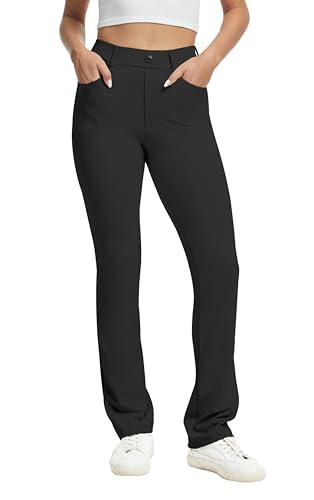 VIMPEP Yoga Pants Women Straight Leg Pants with Pockets High Waist Stretchy Pull On Dress Slacks for Casual Lounge Office Work Petite/Regular 1202 29 Black M