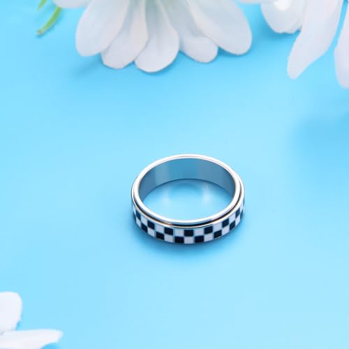 Checkered Fidget Ring for Adults - 18K Gold Plated Stainless Steel Rotating Spinner Jewelry, Anxiety & Stress Relief Gift for Women/Men (Black and White Pattern) (Checkerboard Ring_Silver, size 9)