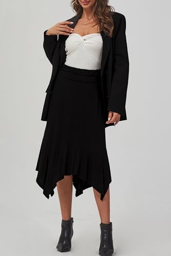 DJT Women's Flowy Handkerchief Hemline Casual Elegant Midi Skirt XL Black