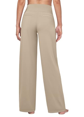 Willit Women's Yoga Pants Wide Leg Dress Work Pants Stretch Casual Pants Slacks with Pockets High Waist 30" Khaki M
