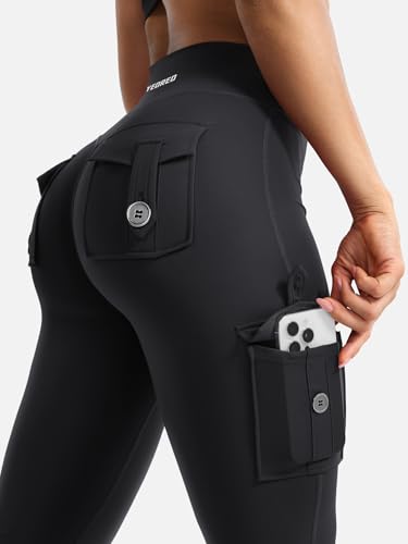 YEOREO CoreFlex Women Workout Flare Leggings with Pockets Hidden Scrunch High Waisted Cargo Gym Yoga Leggings Black M