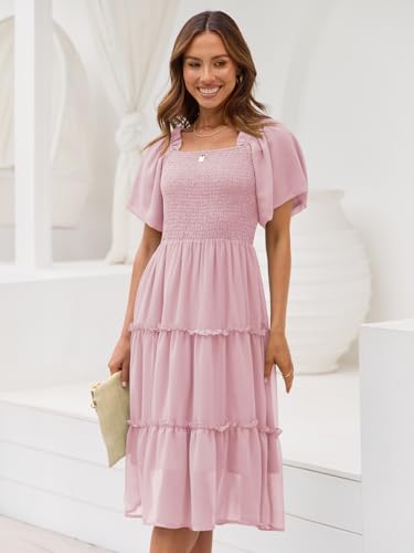 LILLUSORY Women Dresses Spring Summer 2026 Midi Graduation Bridal Baby Shower Casual Flowy Boho Sun Sundress Bridesmaid Brunch Cute Ladies Vacation Beach Smocked Teacher Clothes Outfits Pink M