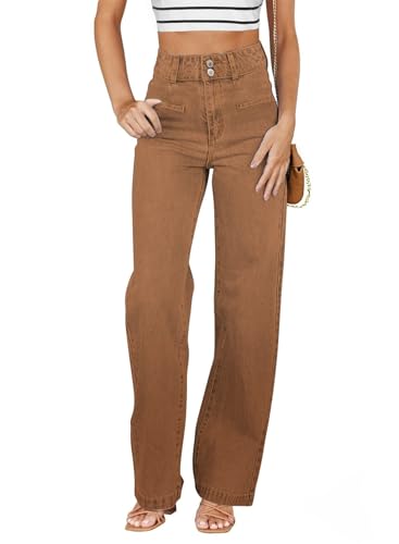 Sidefeel Womens Jeans Wide Leg High Waisted Stretchy Jeans Trendy Straight Leg Loose Denim Pants Brown Size 12