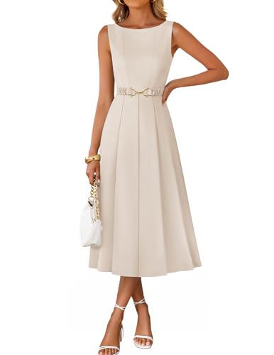 ZESICA Women Summer Sleeveless Midi Dresses 2026 Elegant Boat Neck A Line Tie Waist Spring Cocktail Party Dress Apricot Small