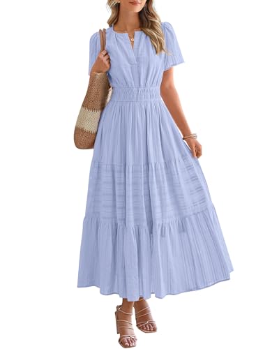 BTFBM Womens Summer 2026 Casual Midi Maxi Dresses Lightweight Short Sleeve V Neck Elastic Waist Boho Beach Dress Pockets