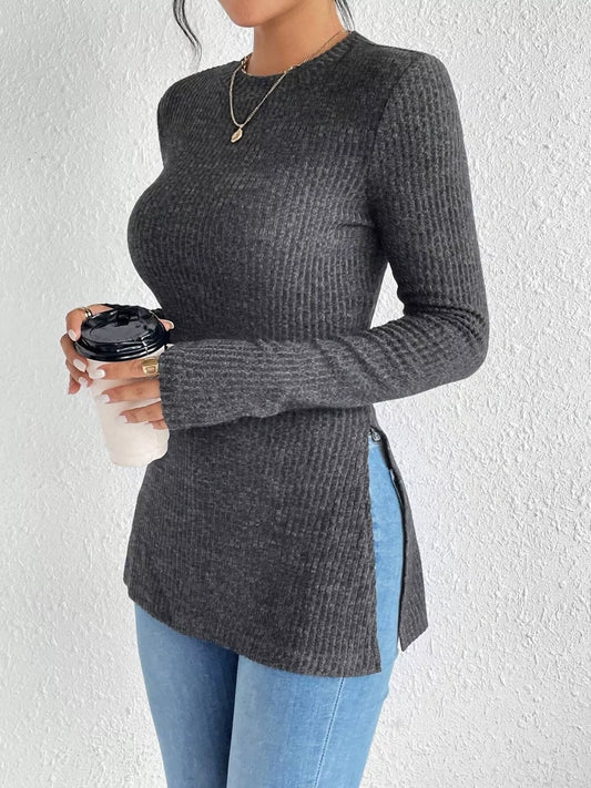 Slit Round Neck Long Sleeve T-Shirt
