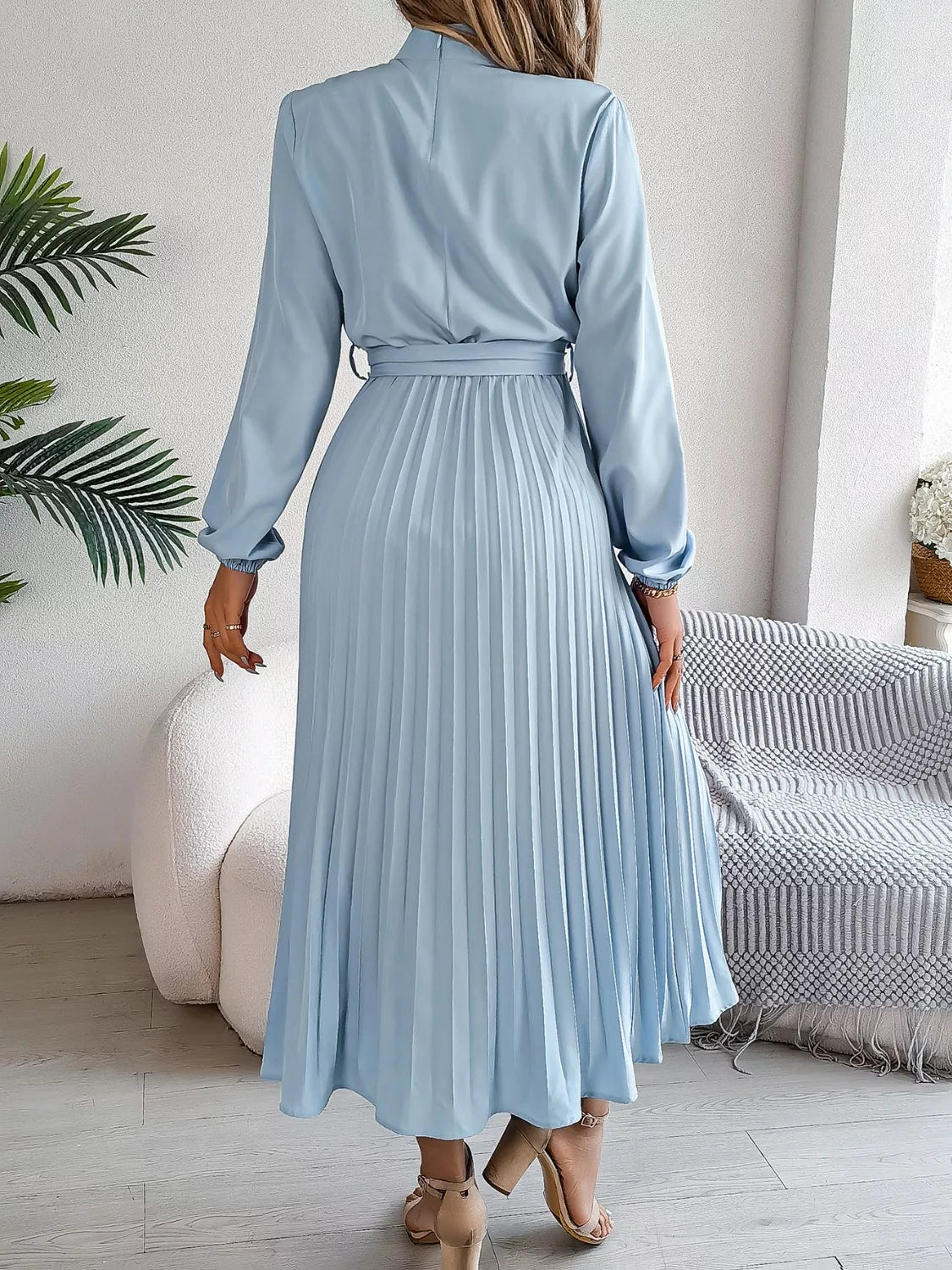Mock Neck Pleated Midi Dress