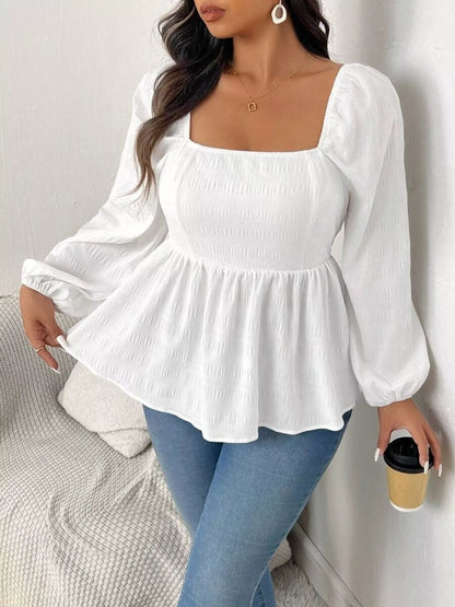 Plus Size Square Neck Long Sleeve Peplum Blouse White