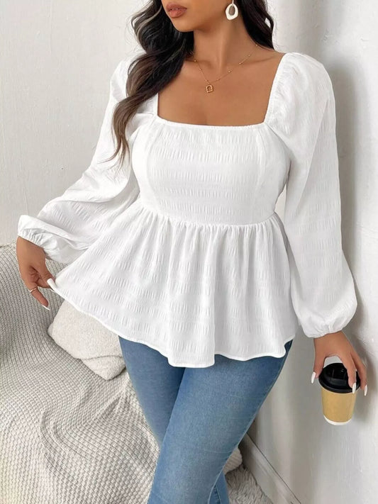 Plus Size Square Neck Long Sleeve Peplum Blouse White