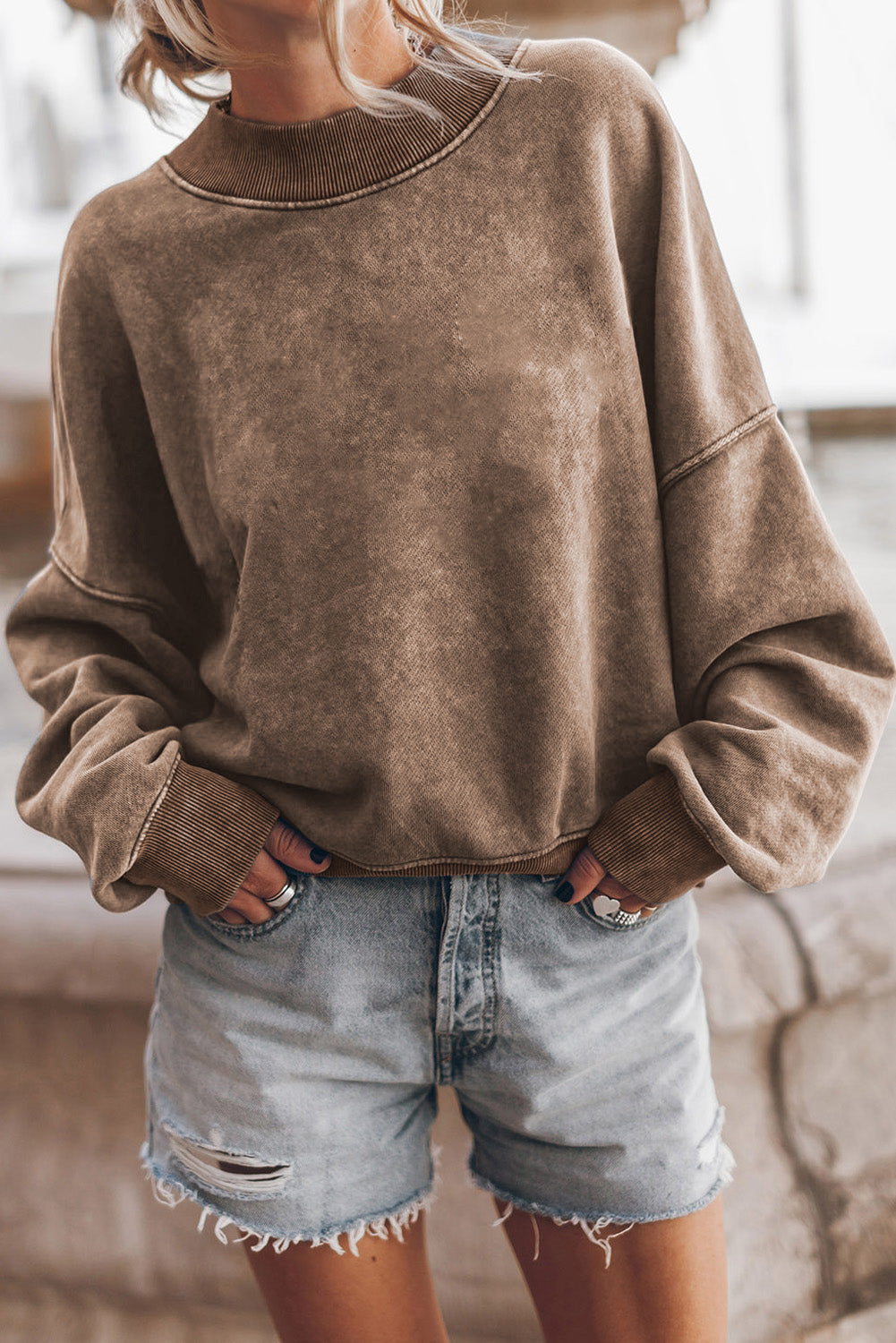 Mock Neck Dropped Shoulder Sweatshirt Taupe