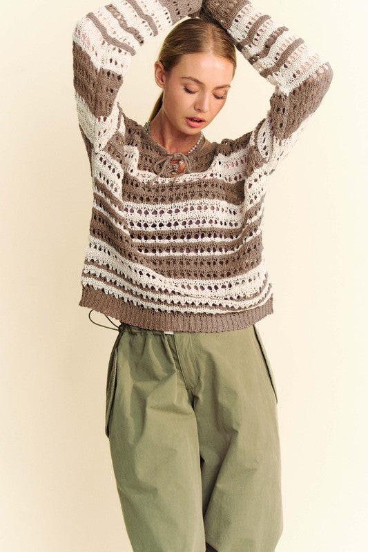 Back To School Sweater - Davi & Dani Contrast Striped Crochet Drop Shoulder Knit Cover Up Taupe