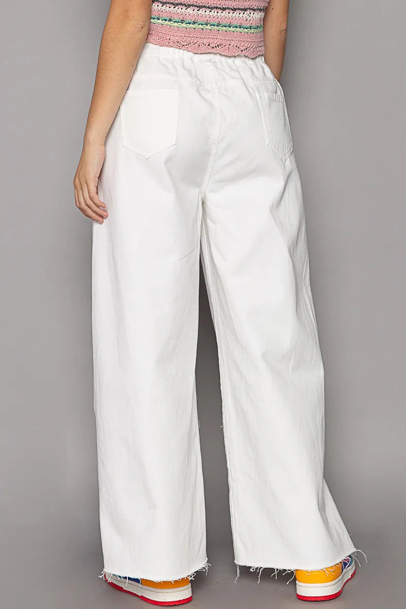 POL Distressed Drawstring Slit Wide leg Pants