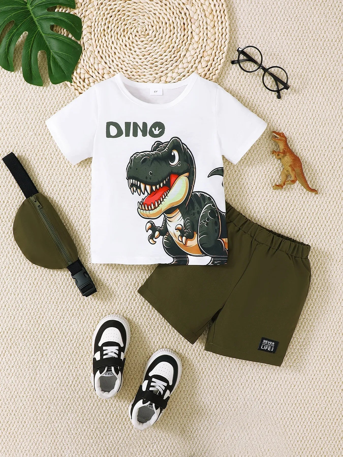 Children's Dinosaur Round Neck Top and Pants Set with Crossbody Bag White