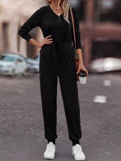 Casual Long Sleeve Drawstring Waist Jumpsuit